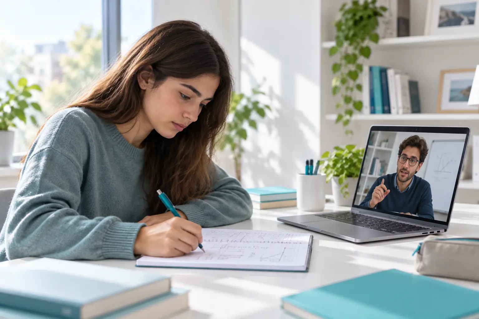 Estudante participa numa sessão individual online enquanto resolve um exercício no caderno